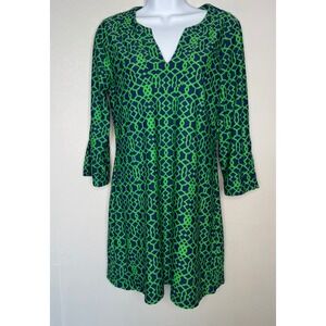 Jude Connally Green Navy Geometric Trellis Split Neck Bell Sleeve Dress Small